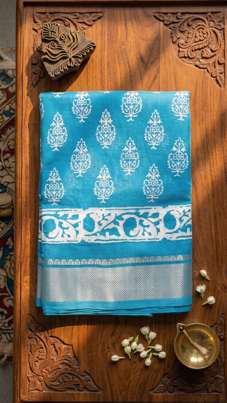 The Azure Bloom Chanderi Silk Saree