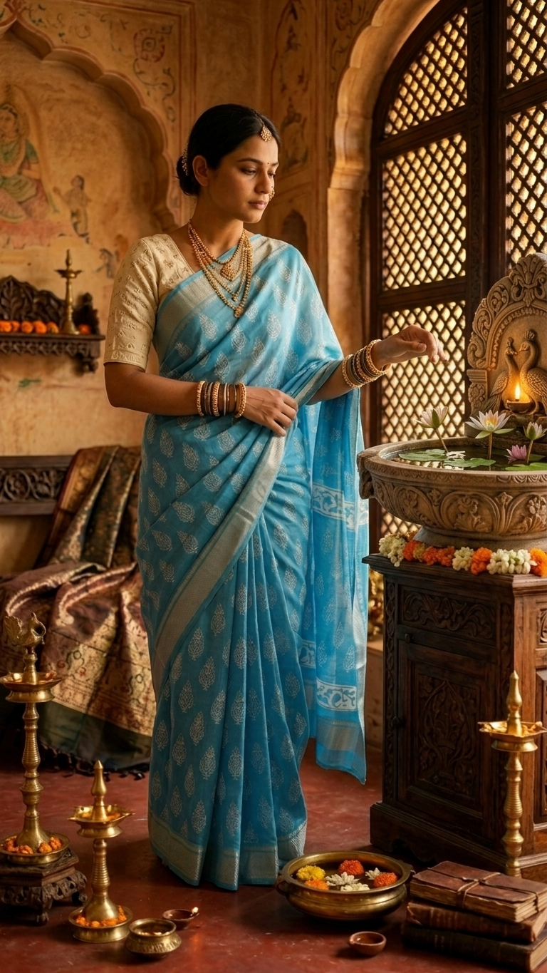 The Azure Bloom Chanderi Silk Saree - Image 2