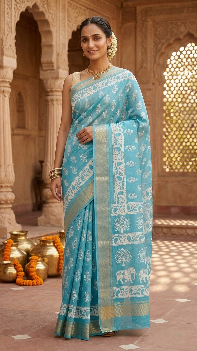 The Azure Bloom Chanderi Silk Saree - Image 4