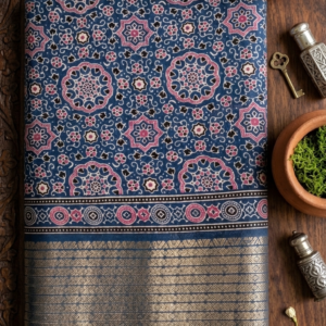 Royal Navy Mandala Synthetic Saree with Zari Border
