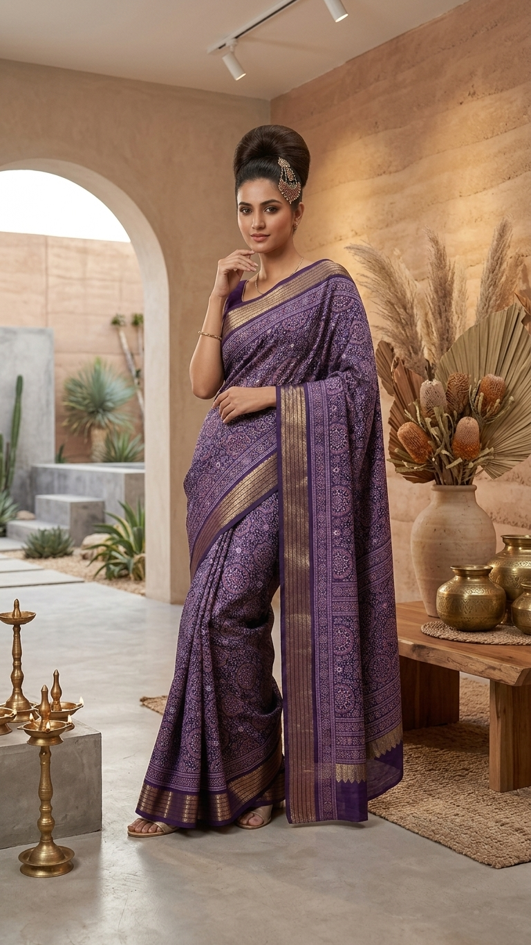 Royal Violet Mandala Synthetic Saree - Image 2