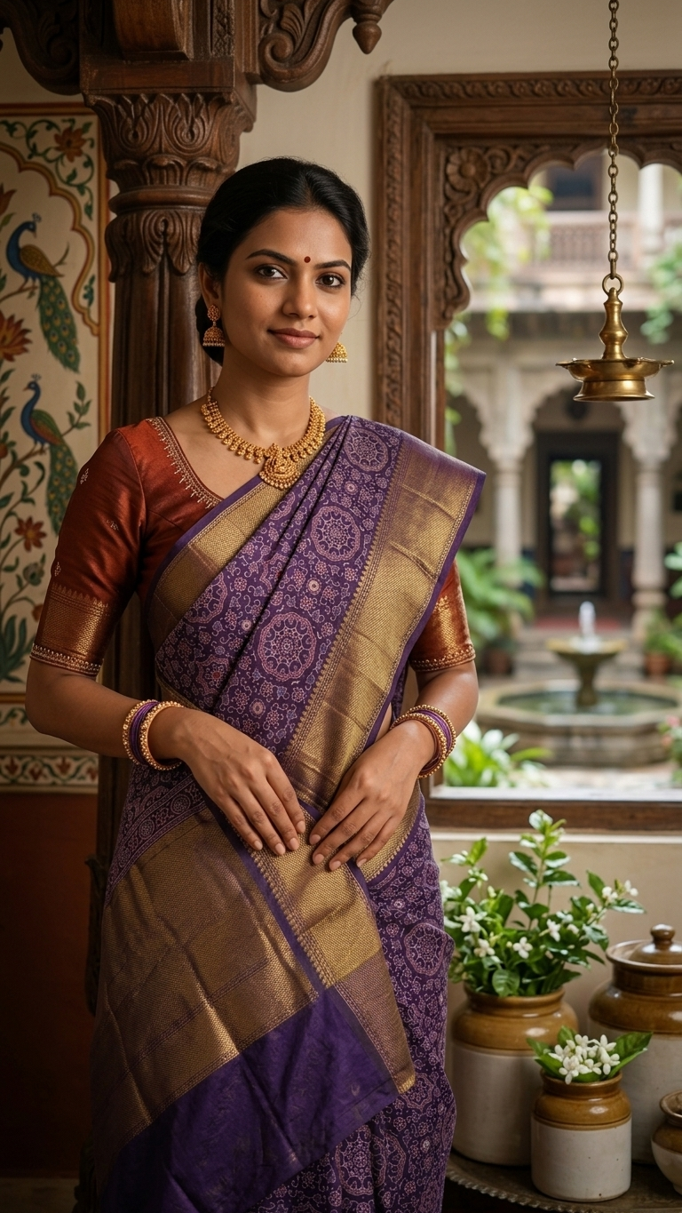 Royal Violet Mandala Synthetic Saree - Image 3