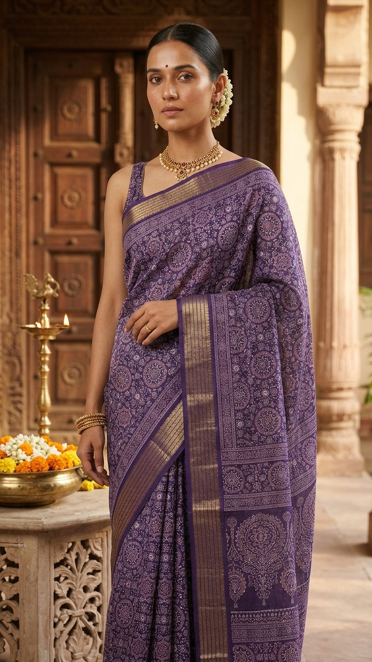 Royal Violet Mandala Synthetic Saree - Image 4