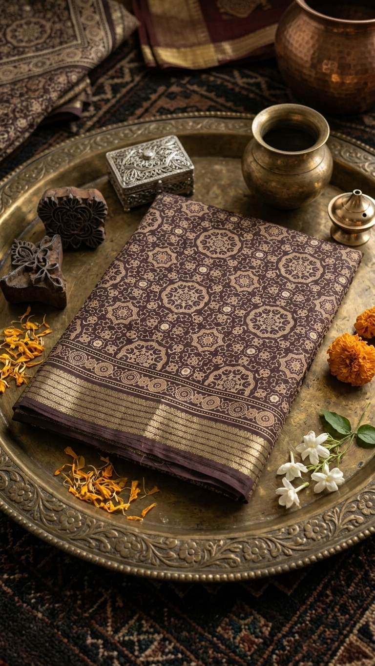 Deep Coffee Mandala Synthetic Saree