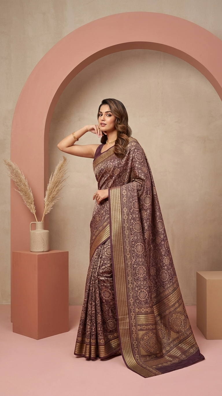 Deep Coffee Mandala Synthetic Saree - Image 2
