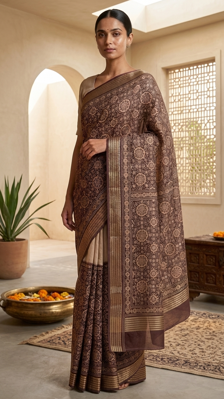 Deep Coffee Mandala Synthetic Saree - Image 4