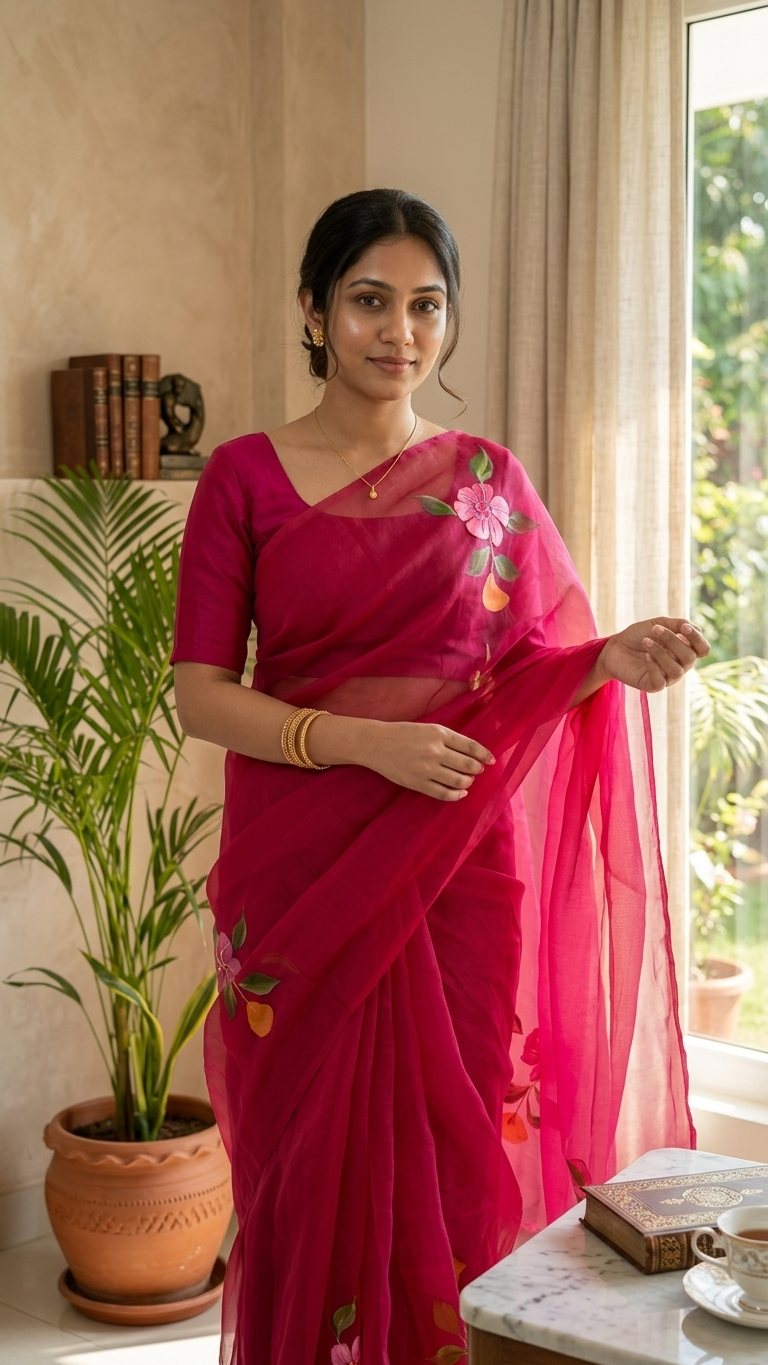 Rose Pink Blossom Georgette Saree - Image 3