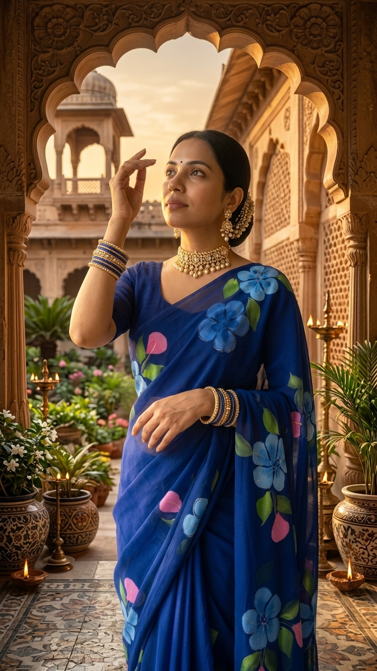 Royal Blue Floral Printed Georgette Saree - Image 2