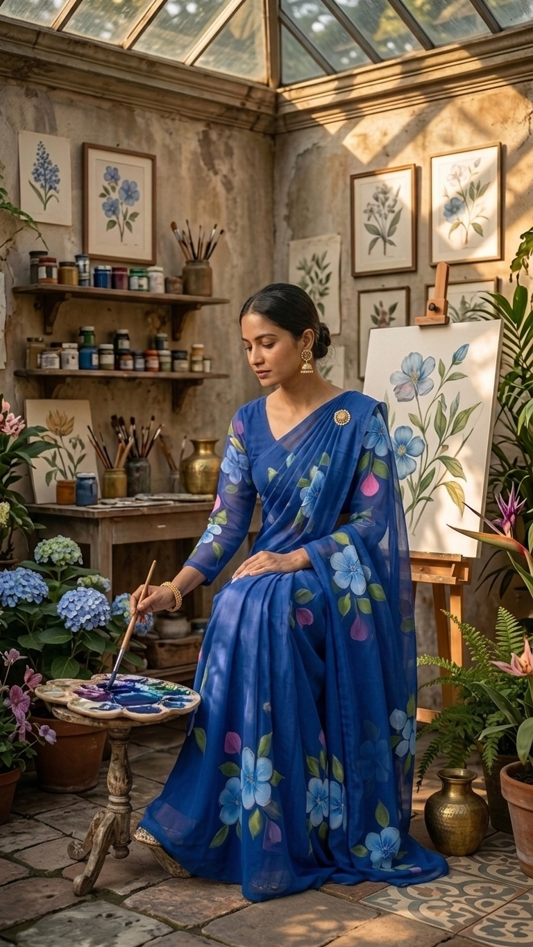 Royal Blue Floral Printed Georgette Saree - Image 3