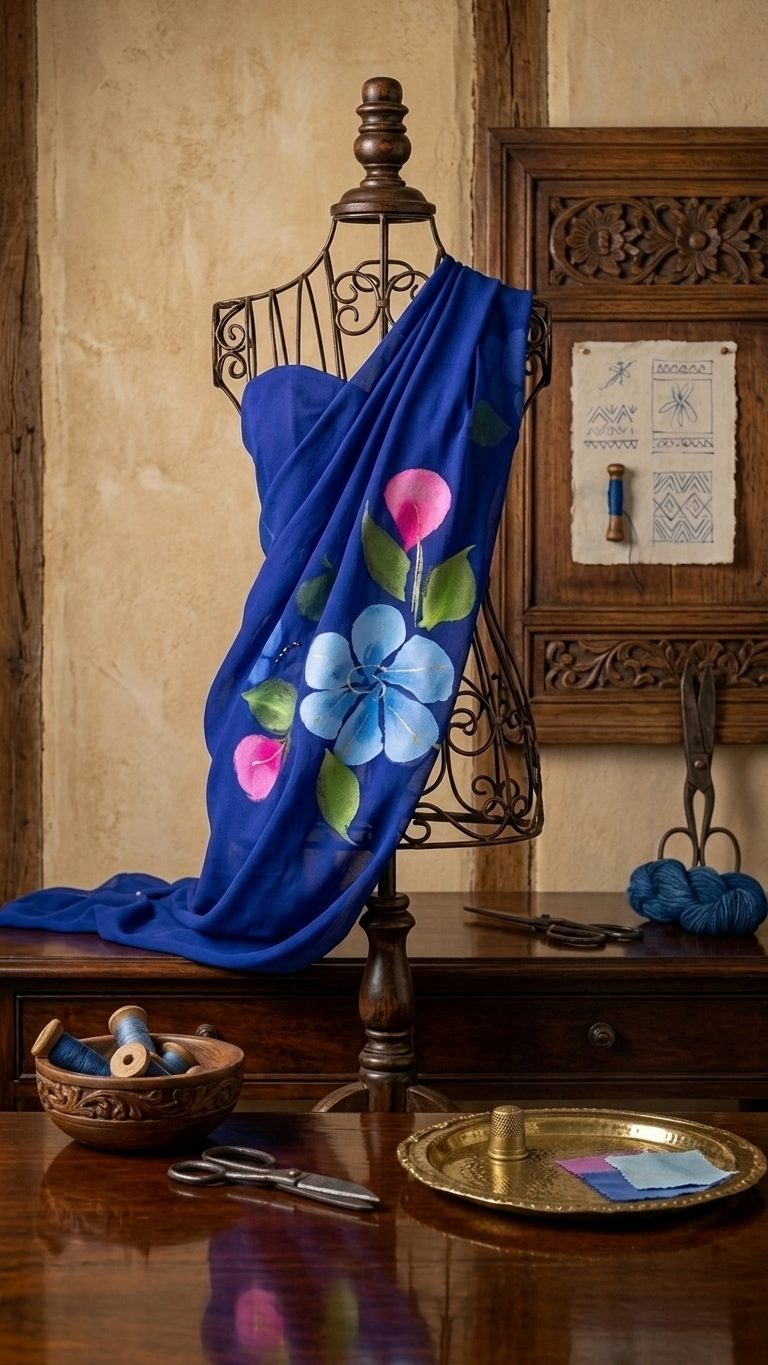 Royal Blue Floral Printed Georgette Saree - Image 4