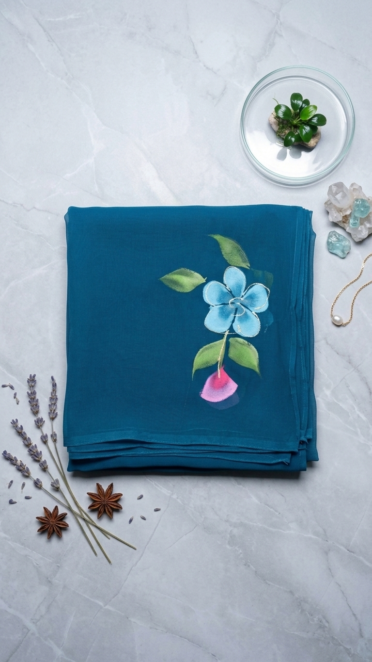 Teal Blue Floral Elegance Georgette Saree