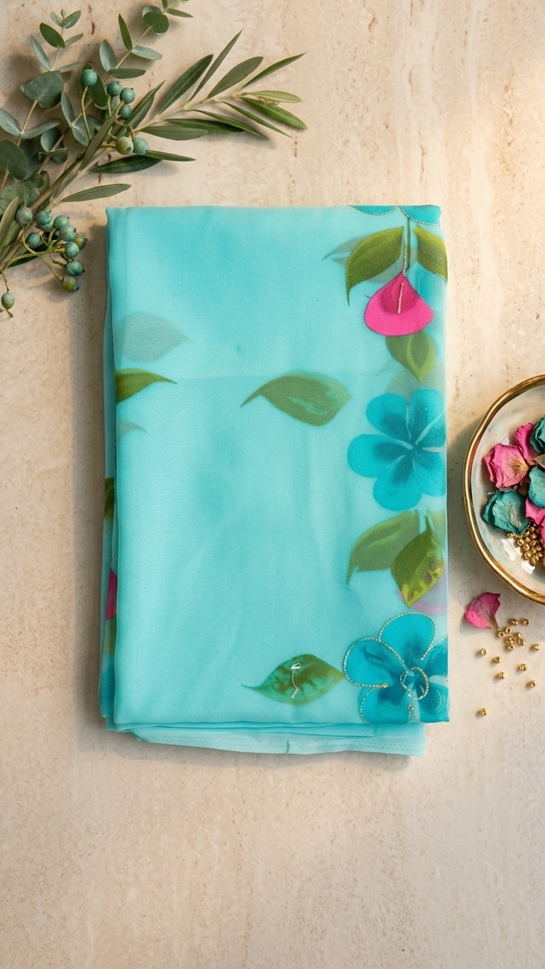 Aqua Mint Floral Grace Georgette Saree