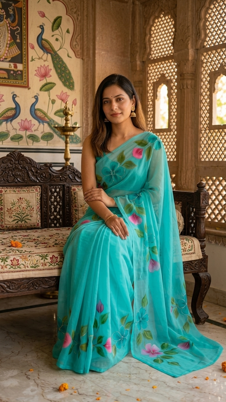 Aqua Mint Floral Grace Georgette Saree - Image 3
