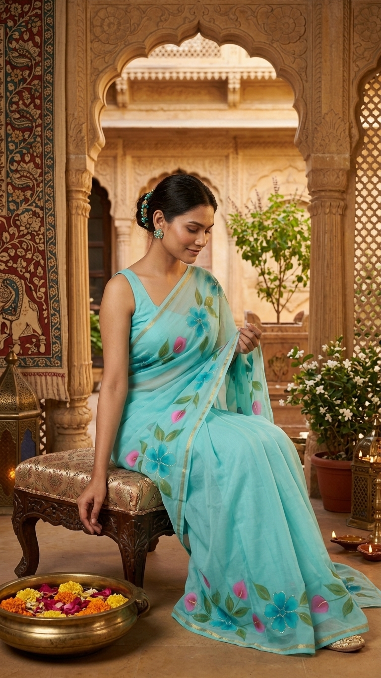Aqua Mint Floral Grace Georgette Saree - Image 4