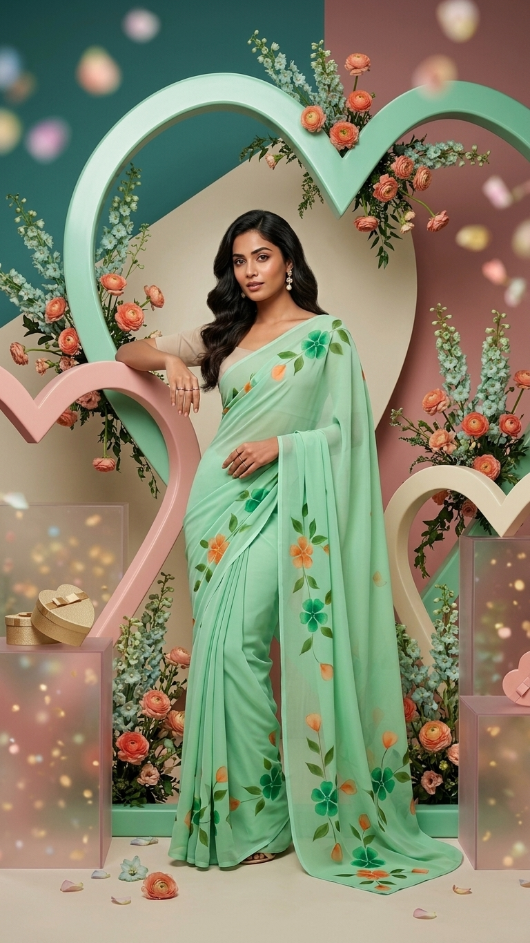 Mint Green Floral Grace Georgette Saree - Image 3