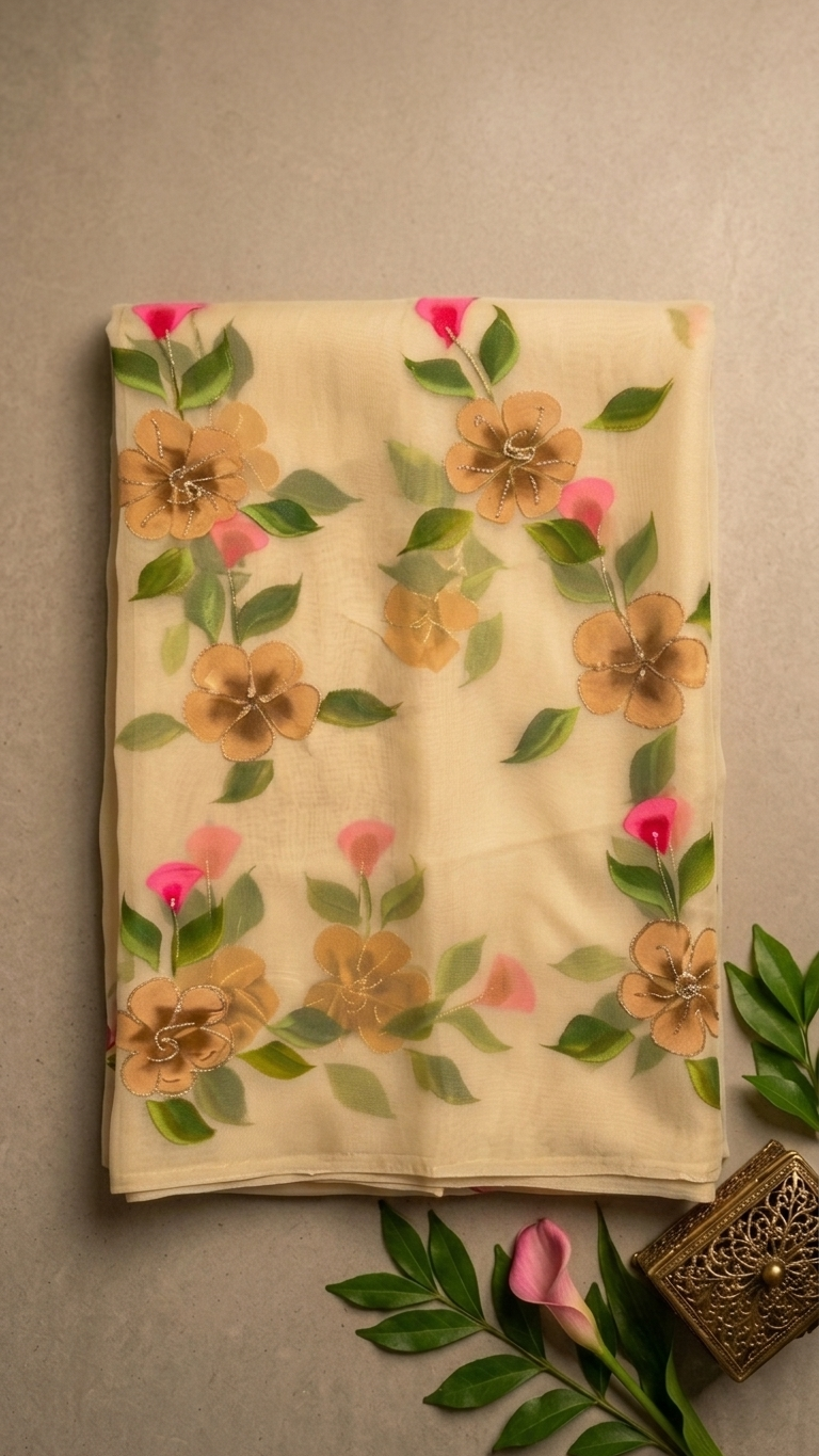 Golden Bloom Floral Georgette Saree