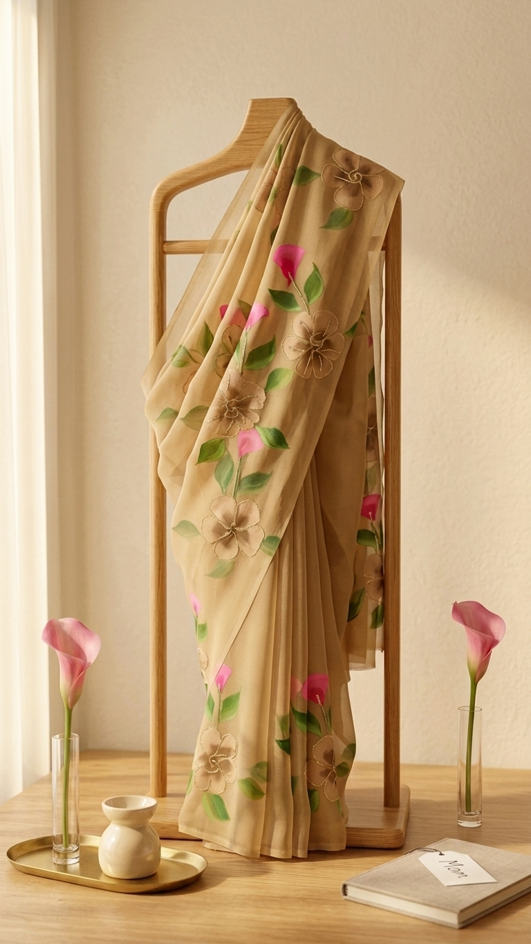 Golden Bloom Floral Georgette Saree - Image 2