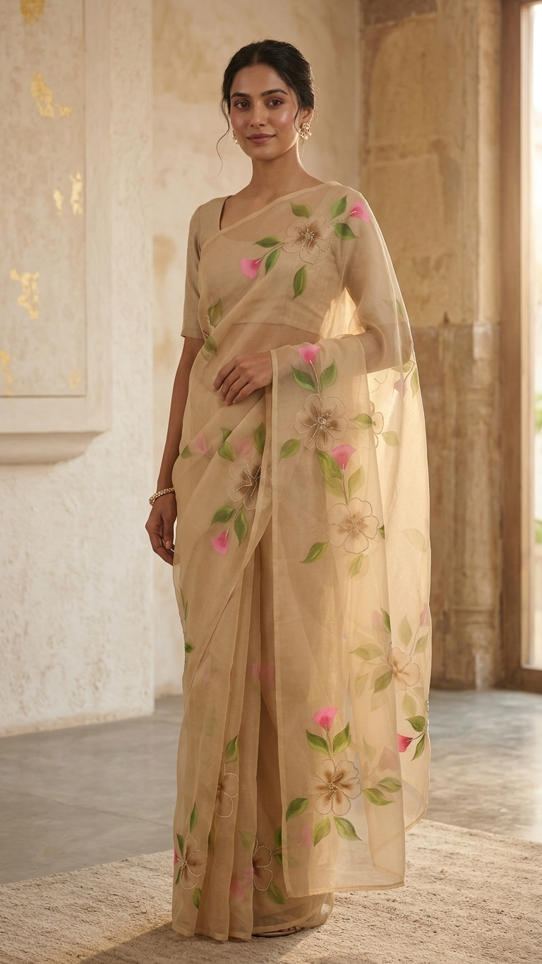 Golden Bloom Floral Georgette Saree - Image 4
