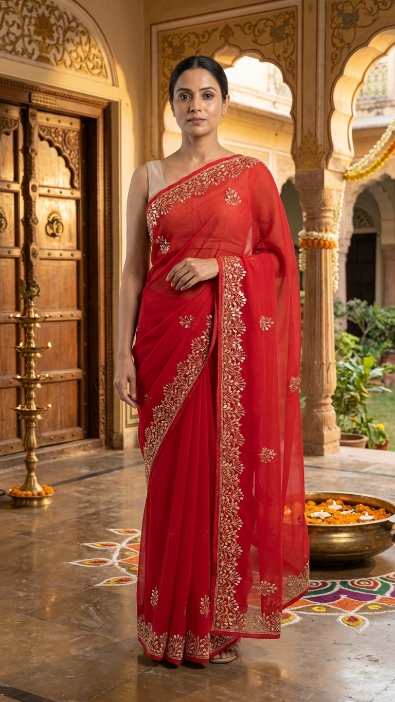 Royal Crimson Golden Bloom Designer Saree - Image 3