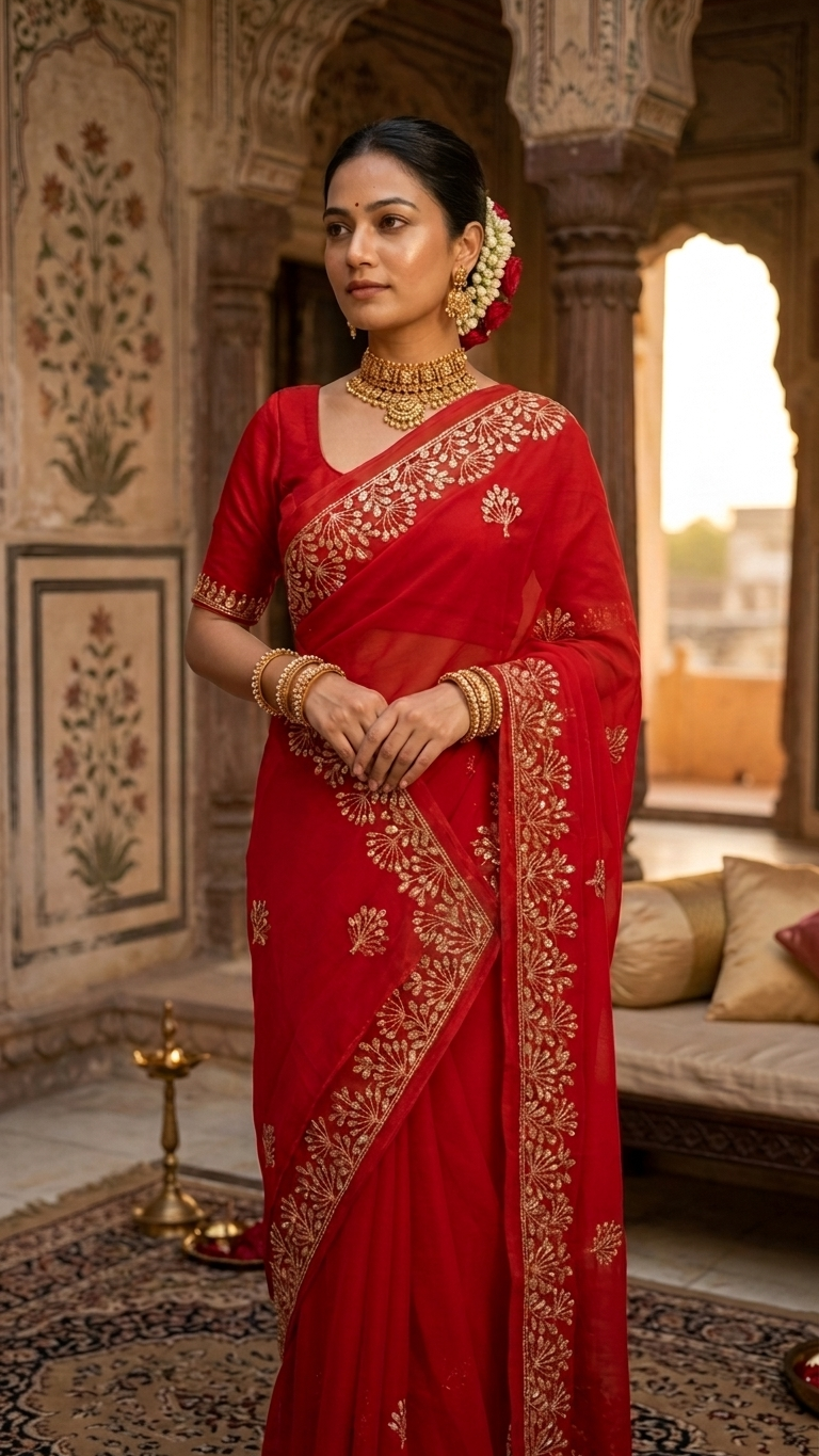 Royal Crimson Golden Bloom Designer Saree - Image 2