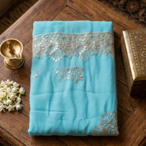 Aqua Silver Blossom Grace Georgette Saree