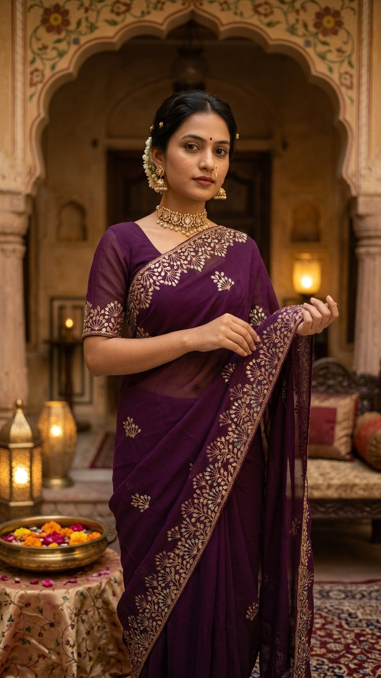 Royal Plum Golden Blossom Grace Saree - Image 3
