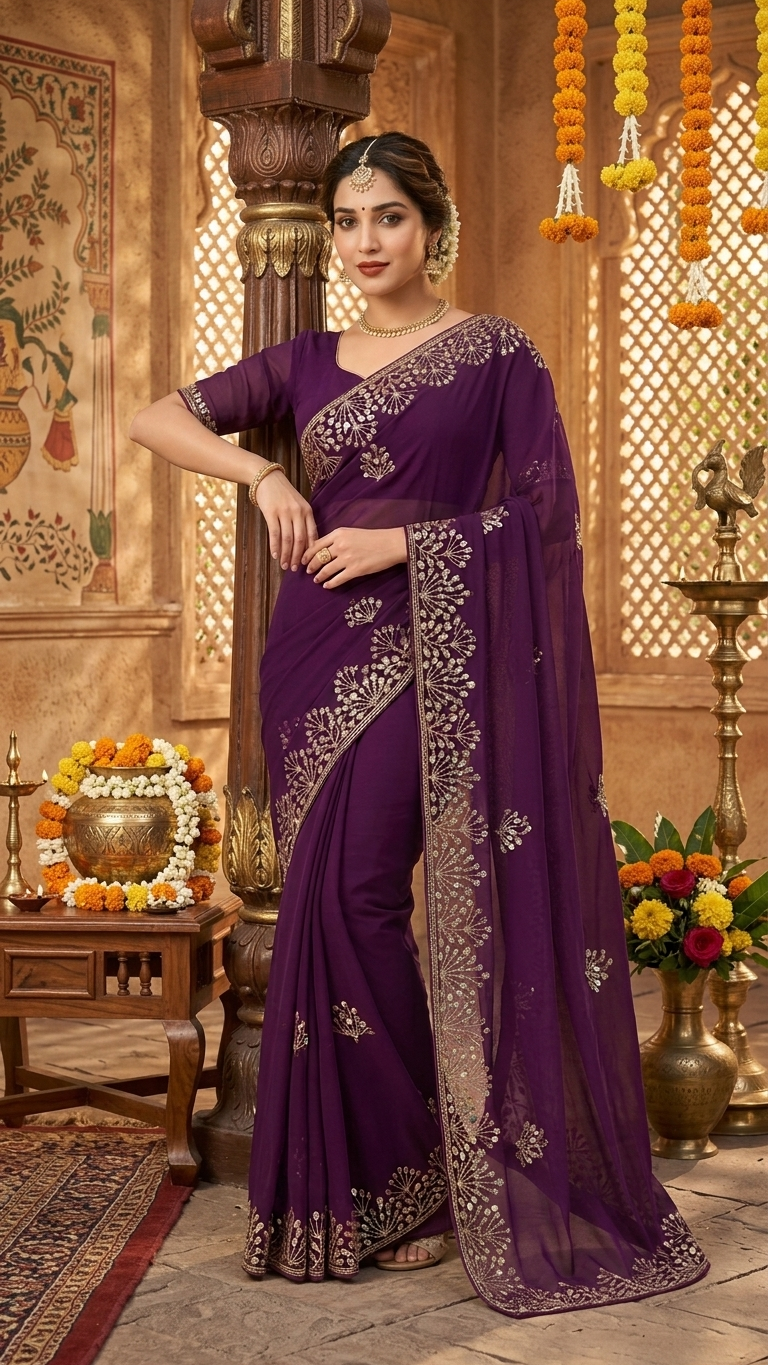 Royal Plum Golden Blossom Grace Saree - Image 2