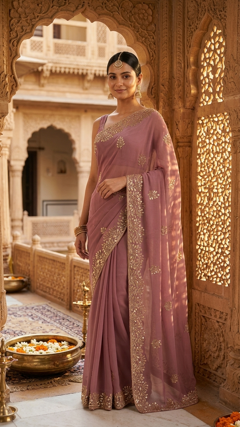 Mauve Golden Blossom Saree - Image 4