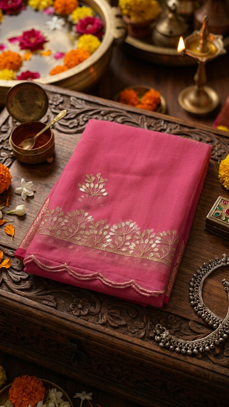 Rose Pink Golden Blossom Grace Saree