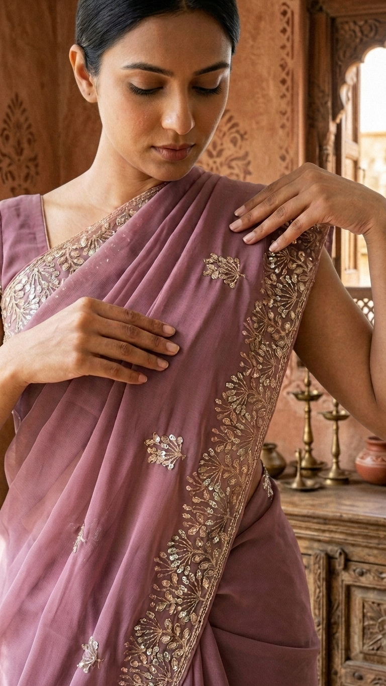 Mauve Golden Blossom Saree - Image 3