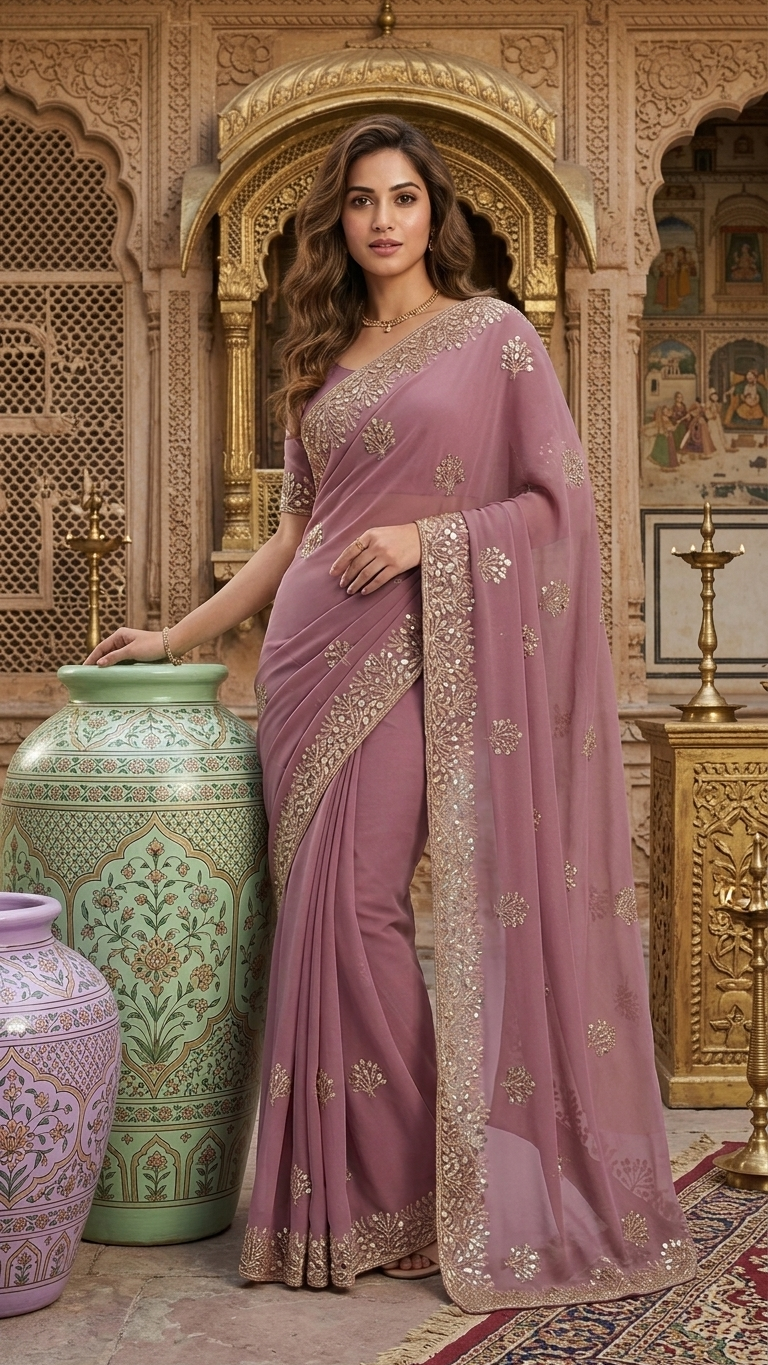 Mauve Golden Blossom Saree - Image 2