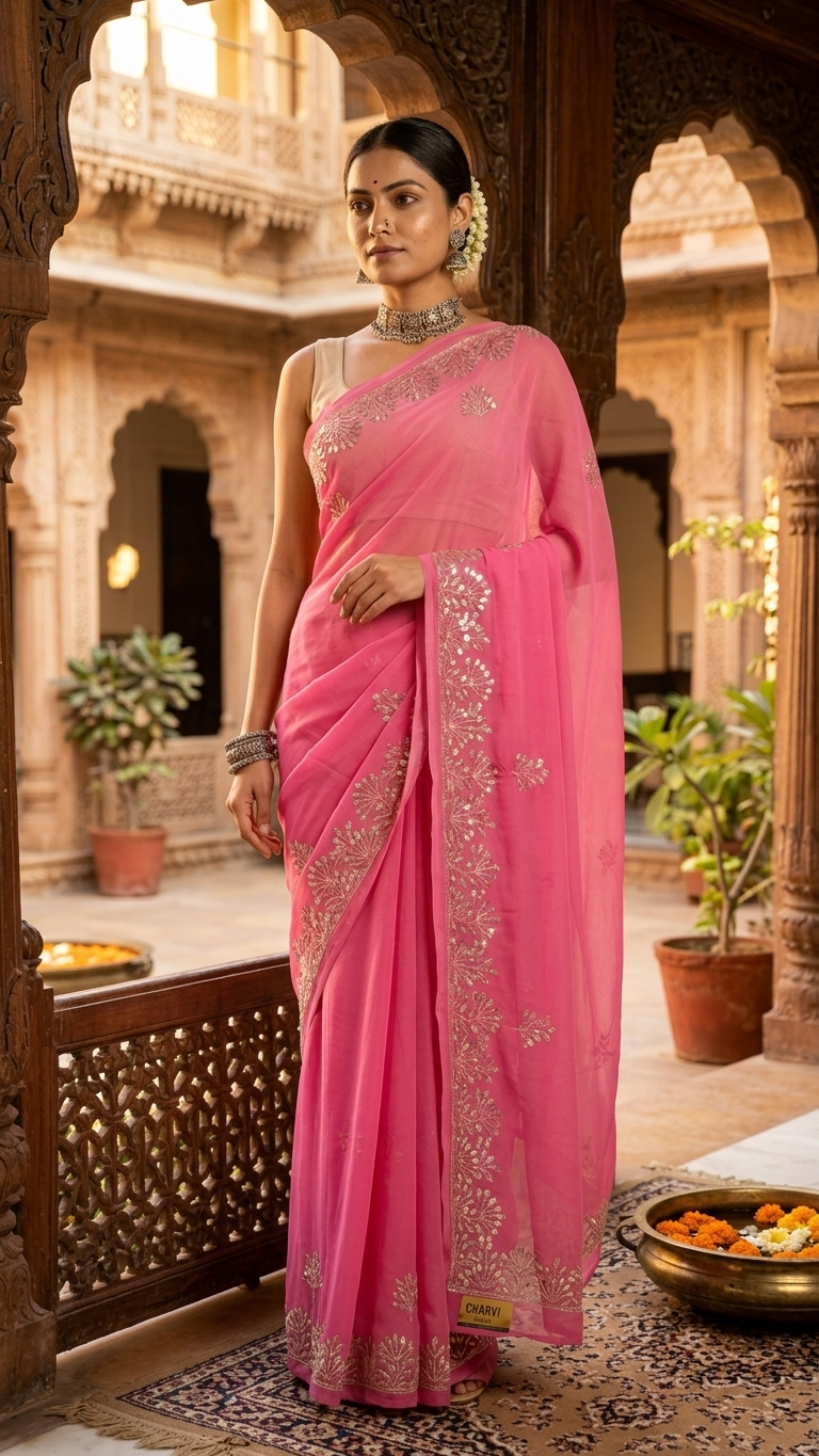 Rose Pink Golden Blossom Grace Saree - Image 4