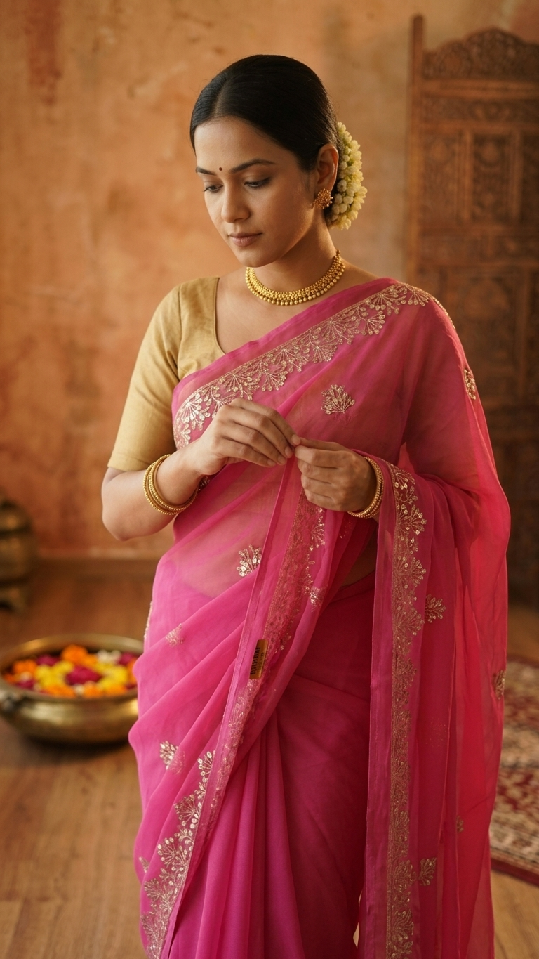 Rose Pink Golden Blossom Grace Saree - Image 3