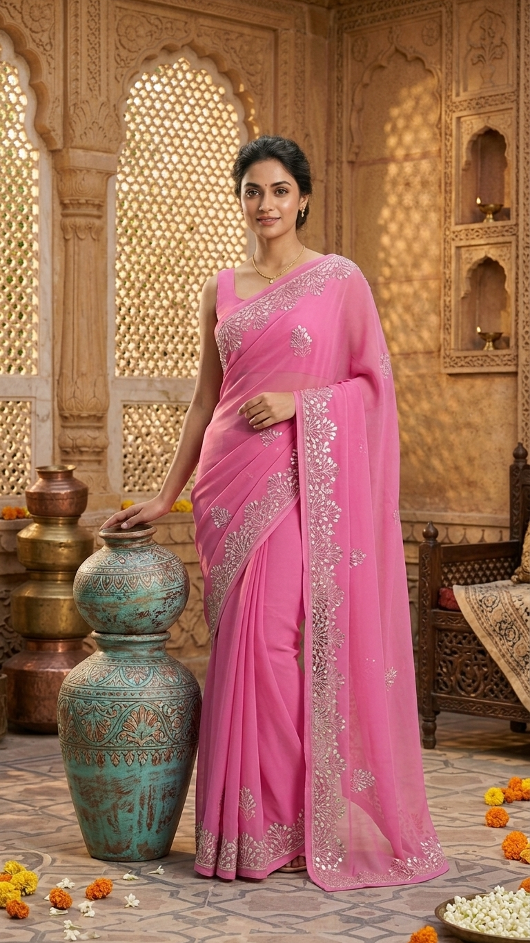 Rose Pink Golden Blossom Grace Saree - Image 2