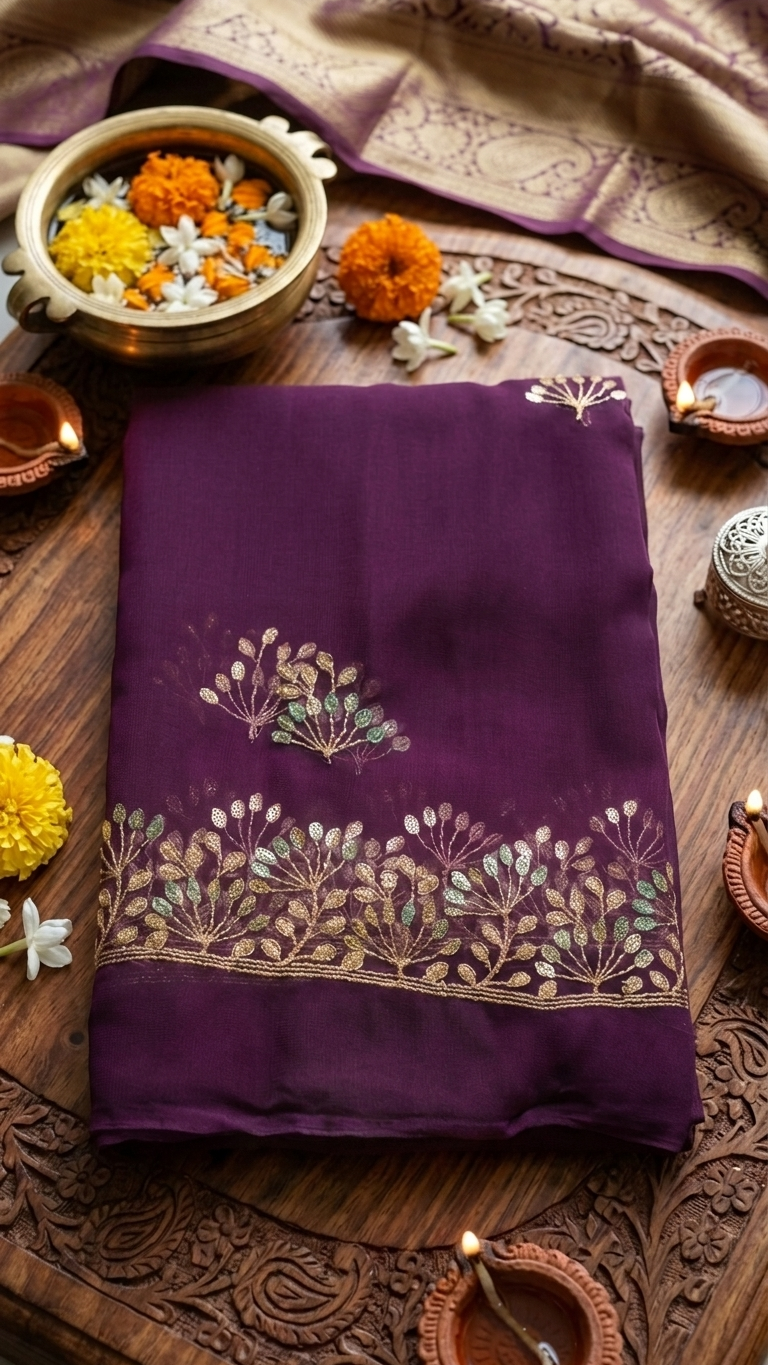 Royal Plum Golden Blossom Grace Saree