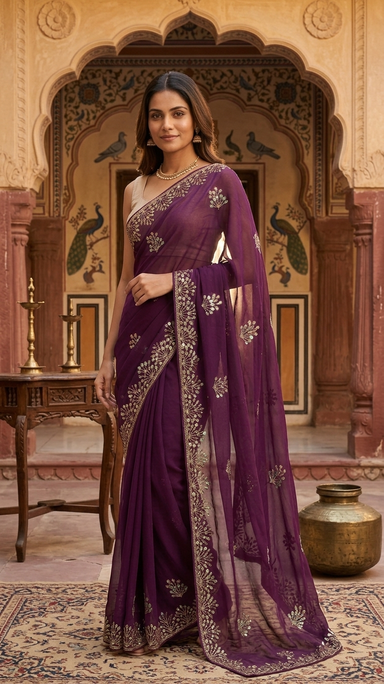 Royal Plum Golden Blossom Grace Saree - Image 4
