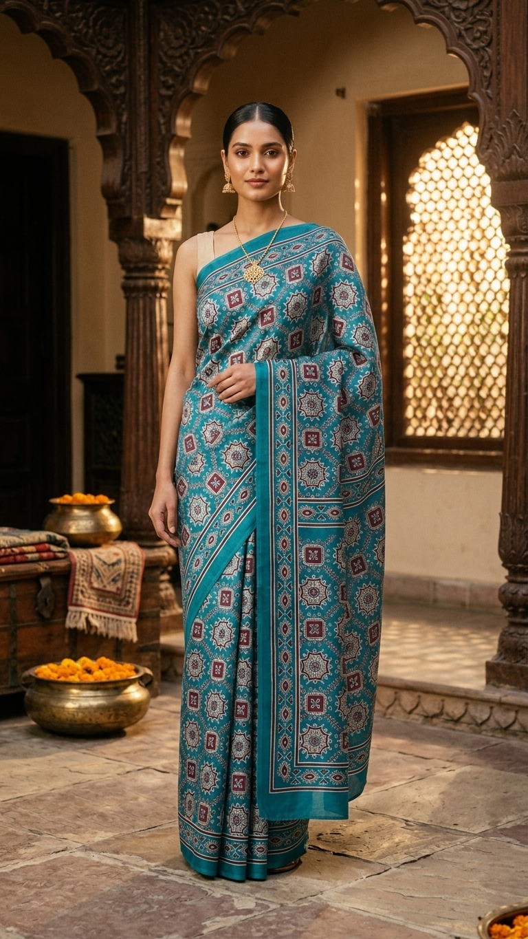 Teal Blue Ethnic Floral Printed Japani Silk Saree - Image 4