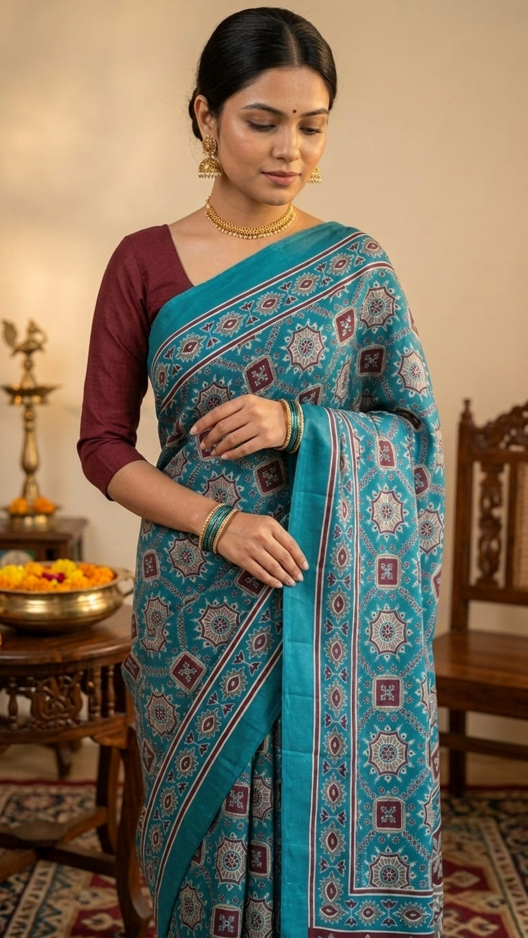 Teal Blue Ethnic Floral Printed Japani Silk Saree - Image 3