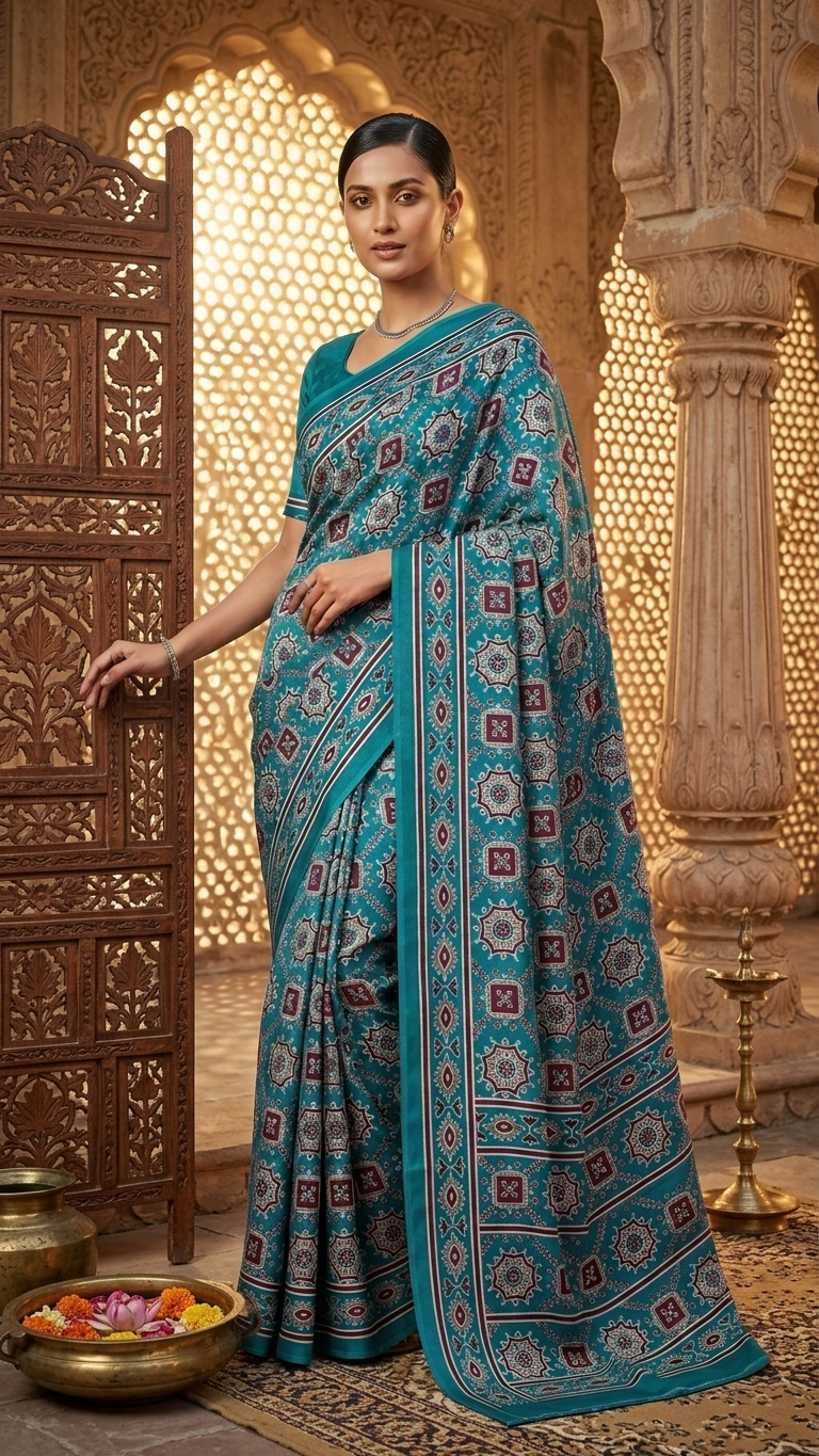 Teal Blue Ethnic Floral Printed Japani Silk Saree - Image 2