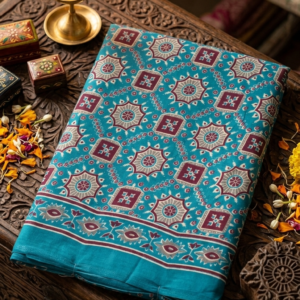 Teal Blue Ethnic Floral Printed Japani Silk Saree
