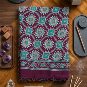 Wine Purple Ethnic Geometric Floral Printed Japani Silk Saree