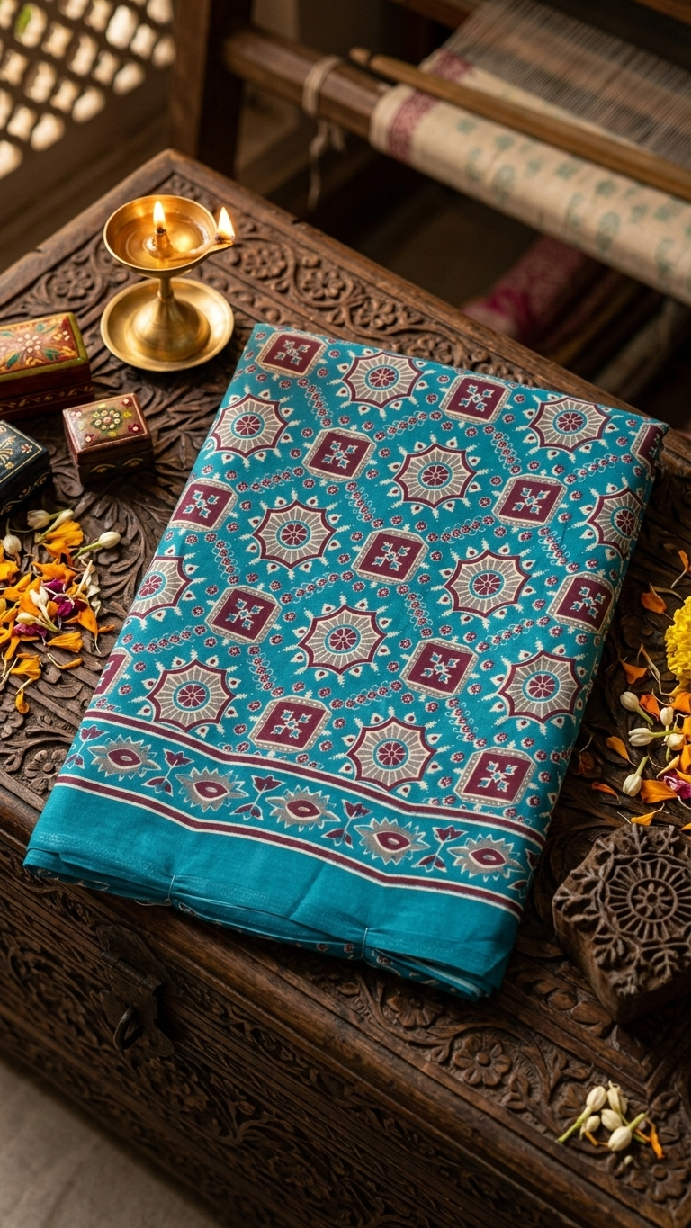 Teal Blue Ethnic Floral Printed Japani Silk Saree